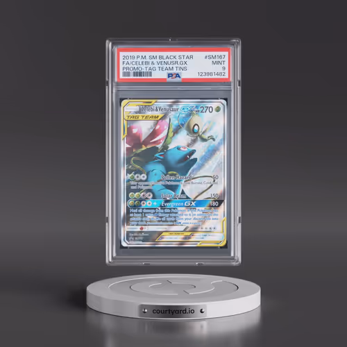 2019 Pokémon SM Black Star Promo #SM167 Celebi & Venusaur GX - Holo Full Art Tag Team Tins (PSA 9 MI