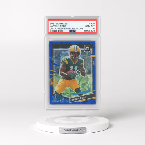 2023 Panini Donruss #334 Jayden Reed - Optic Preview-Blue Scope (PSA 10 GEM MINT)