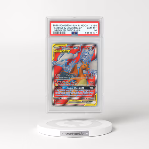 2019 Pokémon Sun & Moon Unbroken Bonds #194 Reshiram & Charizard GX - Holo Full Art (PSA 10 GEM MINT)