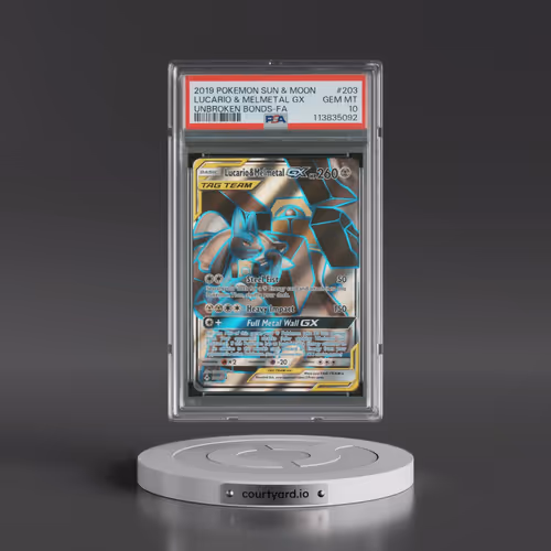 2019 Pokémon Sun & Moon Unbroken Bonds #203 Lucario & Melmetal GX - Holo Full Art (PSA 10 GEM MINT)