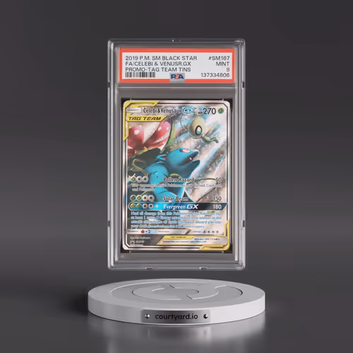 2019 Pokémon SM Black Star Promo #SM167 Celebi & Venusaur GX - Holo Full Art Tag Team Tins (PSA 9 MI