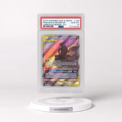 2019 Pokémon Sun & Moon Unbroken Bonds #199 Marshadow & Machamp GX - Holo Full Art (PSA 10 GEM MINT)