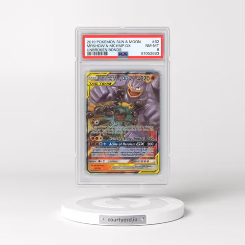 2019 Pokémon Sun & Moon Unbroken Bonds #82 Marshadow & Machamp GX - Holo (PSA 8 NM-MT)