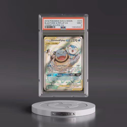 2019 Pokémon Sun & Moon Cosmic Eclipse #215 Blastoise & Piplup GX - Holo Full Art (PSA 9 MINT)