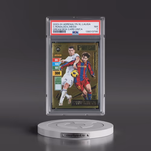 2023 Panini Adrenalyn XL Laliga Dream Box Card Unica Cristiano Ronaldo/Lionel Messi (PSA 7 NM)