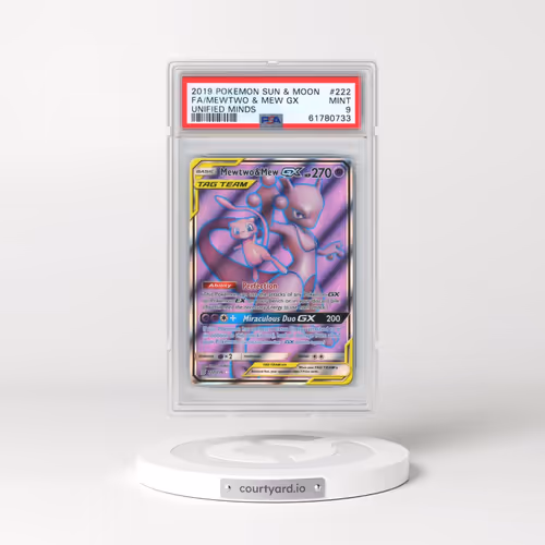 2019 Pokémon Sun & Moon Unified Minds #222 Mewtwo & Mew GX - Holo Full Art (PSA 9 MINT)