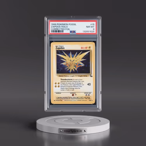 1999 Pokémon Fossil #15 Zapdos - Holo Corrected Foil (PSA 8 NM-MT)