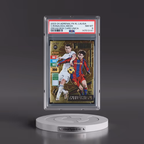 2023 Panini Adrenalyn XL Laliga Dream Box Card Unica Cristiano Ronaldo/Lionel Messi (PSA 8 NM-MT)