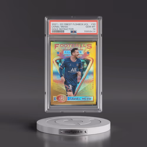 2021-22 Topps Finest Flashbacks UEFA Champions League #30 Lionel Messi - Gold Refractor (PSA 10 GEM