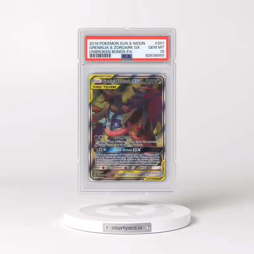 2019 Pokémon Sun & Moon Unbroken Bonds #201 Greninja & Zoroark GX - Holo Full Art (PSA 10 GEM MINT)