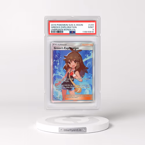 2019 Pokémon Sun & Moon Unbroken Bonds #209 Green's Exploration - Full Art (PSA 9 MINT)