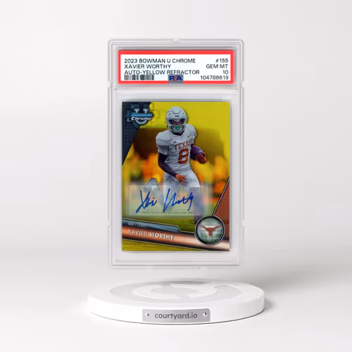 2023 Bowman University Chrome #155 Xavier Worthy - Autograph-Yellow Refractor (PSA 10 GEM MINT)