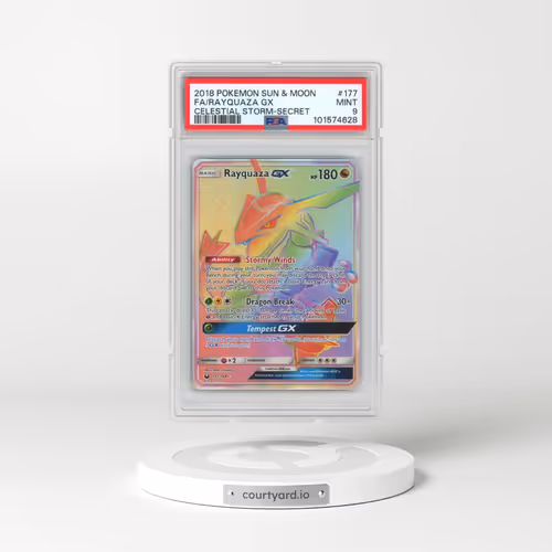 2018 Pokémon Sun & Moon Celestial Storm #177 Rayquaza GX - Holo Full Art Secret (PSA 9 MINT)