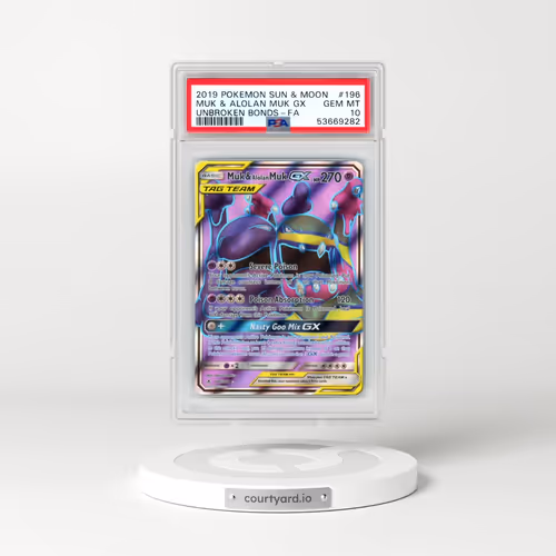 2019 Pokémon Sun & Moon Unbroken Bonds #196 Muk & Alolan Muk GX - Holo Full Art (PSA 10 GEM MINT)