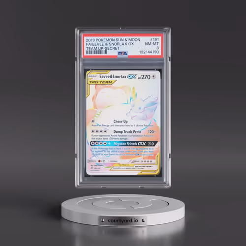 2019 Pokémon Sun & Moon Team Up #191 Eevee & Snorlax GX - Holo Full Art Secret (PSA 8 NM-MT)