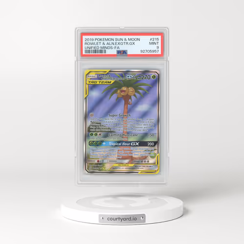 2019 Unified Minds #215 Rowlet & Alolan Exeggutor GX - Full Art Holo (PSA 9 MINT)