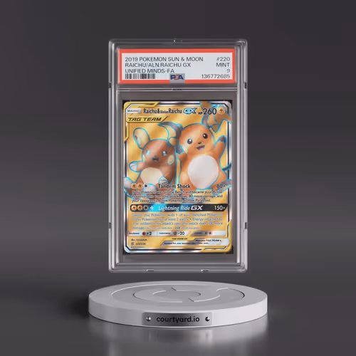 2019 Pokémon Sun & Moon Unified Minds #220 Raichu & Alolan Raichu GX - Holo Full Art (PSA 9 MINT)