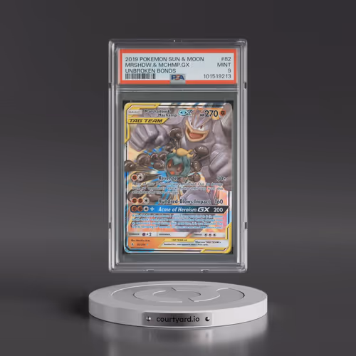 2019 Pokémon Sun & Moon Unbroken Bonds #82 Marshadow & Machamp GX - Holo (PSA 9 MINT)