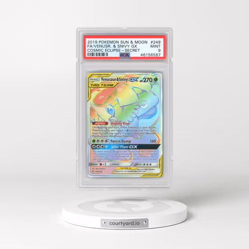 2019 Pokémon Sun & Moon Cosmic Eclipse #249 Venusaur & Snivy GX - Holo Full Art Secret (PSA 9 MINT)