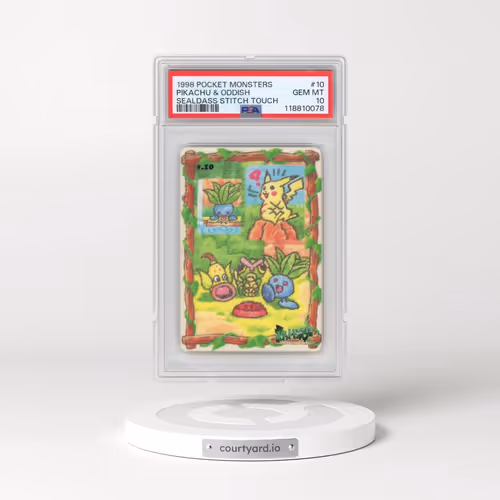 1998 Pocket Monsters Sealdass Stitch Touch #10 Pikachu & Oddish (PSA 10 GEM MINT)