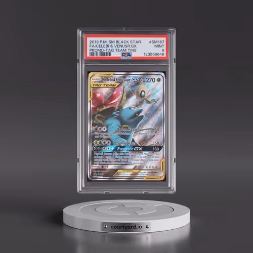 2019 Pokémon SM Black Star Promo #SM167 Celebi & Venusaur GX - Holo Full Art Tag Team Tins (PSA 9 MI