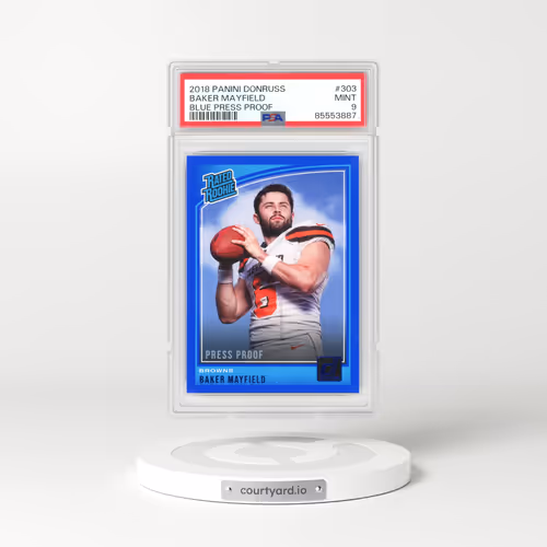 2018 Panini Donruss #303 Baker Mayfield - Blue Press Proof (PSA 9 MINT)