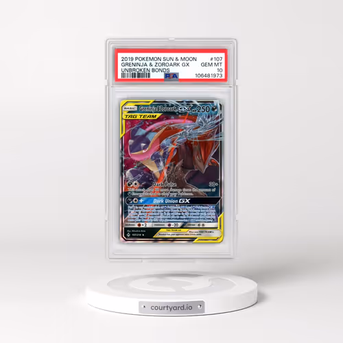 2019 Pokémon Sun & Moon Unbroken Bonds #107 Greninja & Zoroark GX - Holo (PSA 10 GEM MINT)
