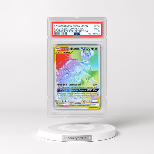 2019 Pokémon Sun & Moon Cosmic Eclipse #254 Solgaleo & Lunala GX - Holo Full Art Secret (PSA 9 MINT)