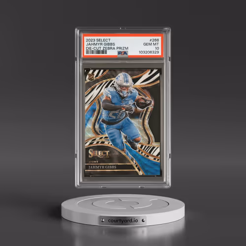 2023 Panini Select #266 Jahmyr Gibbs - Die-Cut Zebra Prizm (PSA 10 GEM MINT)