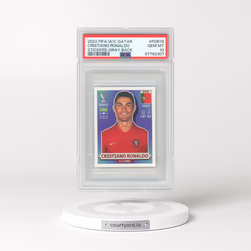 2022 Panini FIFA World Cup Qatar Stickers #POR18 Cristiano Ronaldo - Gray Back (PSA 10 GEM MINT)