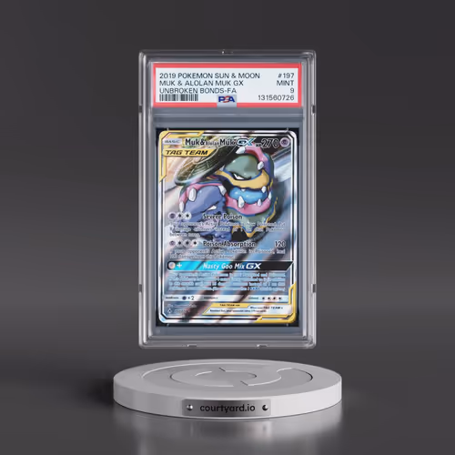 2019 Pokémon Sun & Moon Unbroken Bonds #197 Muk & Alolan Muk GX - Holo Full Art (PSA 9 MINT)