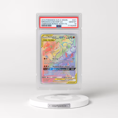 2019 Pokémon Sun & Moon Unbroken Bonds #221 Marshadow & Machamp GX - Holo Full Art Secret (PSA 10 GEM MINT)
