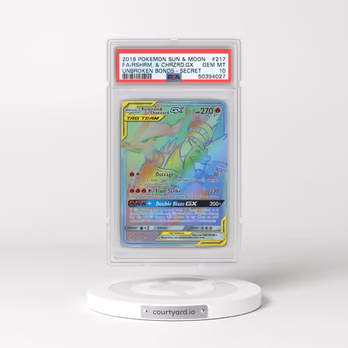 2019 Pokémon Sun & Moon Unbroken Bonds #217 Reshiram & Charizard GX - Holo Full Art Secret (PSA 10 GEM MINT)