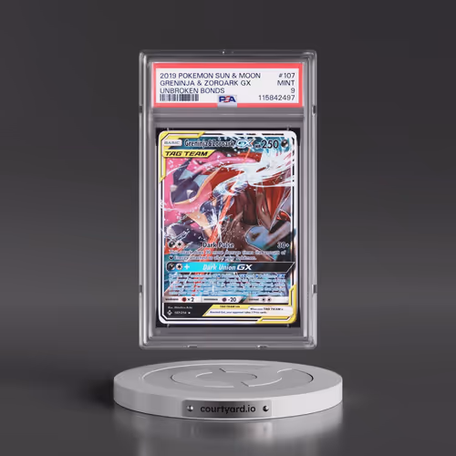 2019 Pokémon Sun & Moon Unbroken Bonds #107 Greninja & Zoroark GX - Holo (PSA 9 MINT)