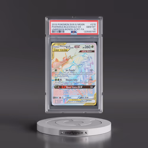 2019 Pokémon Sun & Moon Unbroken Bonds #215 Pheromosa & Buzzwole GX - Holo Full Art Secret (PSA 10 G