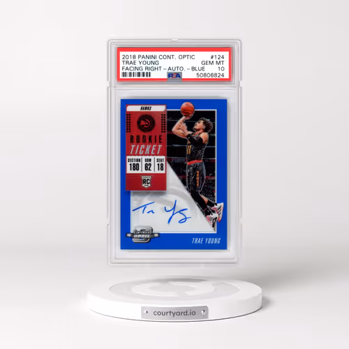 2018 Panini Contenders Optic #124 Trae Young - Facing Right-Autograph-Blue (PSA 10 GEM MINT)
