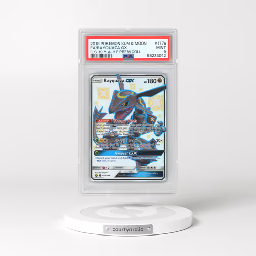 2018 Pokémon Sun & Moon Celestial Storm #177a Rayquaza GX - Holo Full Art 2019 Yellow A Hidden Fates Premium Collection (PSA 9 MINT)