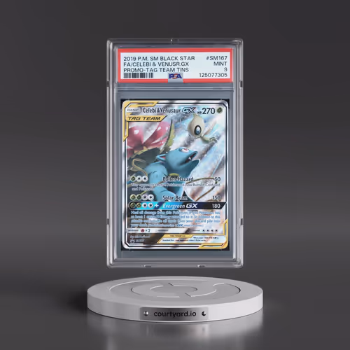 2019 Pokémon SM Black Star Promo #SM167 Celebi & Venusaur GX - Holo Full Art Tag Team Tins (PSA 9 MI