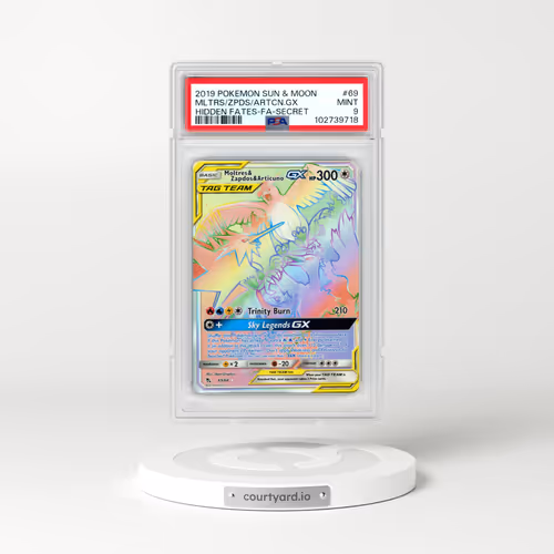 2019 Pokémon Sun & Moon Hidden Fates #69 Moltres & Zapdos & Articuno GX - Holo Full Art Secret (PSA 9 MINT)