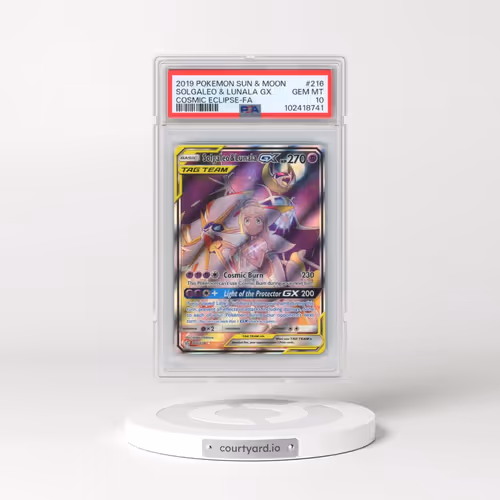 2019 Pokémon Sun & Moon Cosmic Eclipse #216 Solgaleo & Lunala GX - Holo Full Art (PSA 10 GEM MINT)