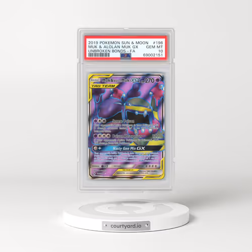 2019 Pokémon Sun & Moon Unbroken Bonds #196 Muk & Alolan Muk GX - Holo Full Art (PSA 10 GEM MINT)