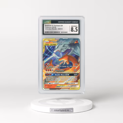 2019 Unbroken Bonds #20 Reshiram & Charizard GX - Full Art Holo (CGC 8.5 NM-MT+)