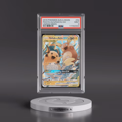 2019 Pokémon Sun & Moon Unified Minds #54 Raichu & Alolan Raichu GX - Holo (PSA 9 MINT)