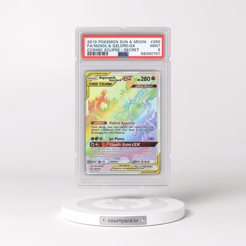 2019 Pokémon Sun & Moon Cosmic Eclipse #260 Naganadel & Guzzlord GX - Holo Full Art Secret (PSA 9 MI