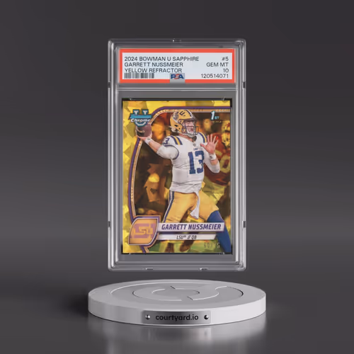 2024 Bowman University Chrome Sapphire #5 Garrett Nussmeier - Yellow Refractor (PSA 10 GEM MINT)