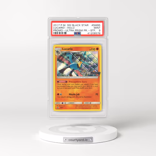 2018 Pokémon SM Black Star Promo #SM95 Lucario - Holo Ultra Prism Prerelease-Staff (PSA 9 MINT)