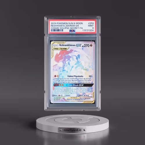 2019 Pokémon Sun & Moon Cosmic Eclipse #259 Reshiram & Zekrom GX - Holo Full Art Secret (PSA 9 MINT)