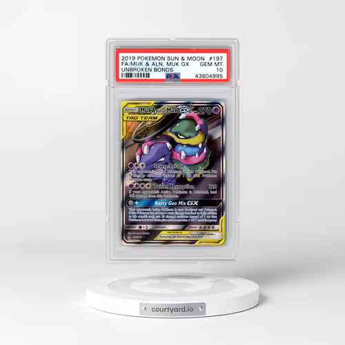 2019 Pokémon Sun & Moon Unbroken Bonds #197 Muk & Alolan Muk GX - Holo Full Art (PSA 10 GEM MINT)