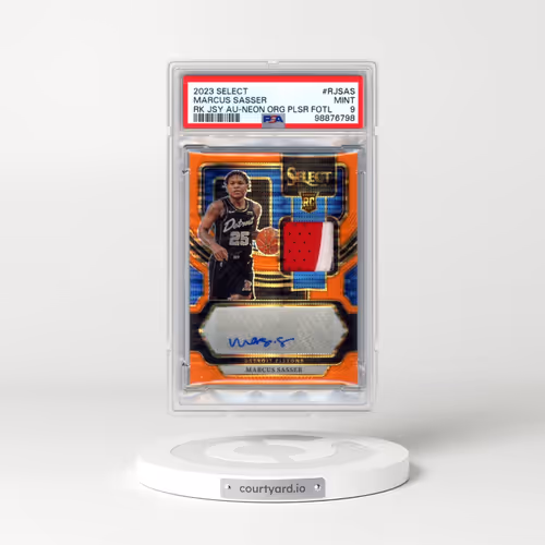2023 Panini Select Rookie Jersey Autographs #RJSAS Marcus Sasser - Neon Orange Pulsar Fotl (PSA 9 MINT)
