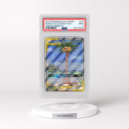 2019 Pokémon Sun & Moon Unified Minds #215 Rowlet & Alolan Exeggutor GX - Holo Full Art (PSA 9 MINT)